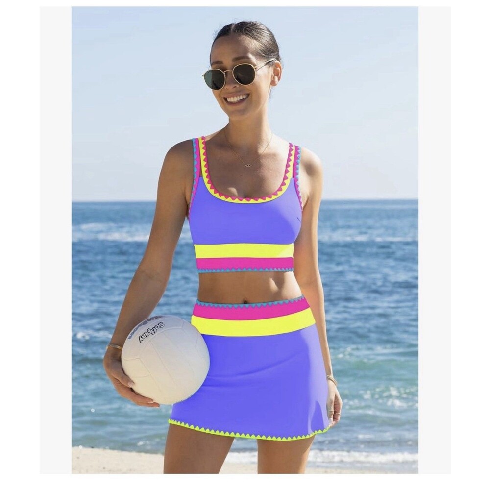popvil Tummy Control 3 Piece Swimsuit with Skirt High Waisted Bikini Vibrant M